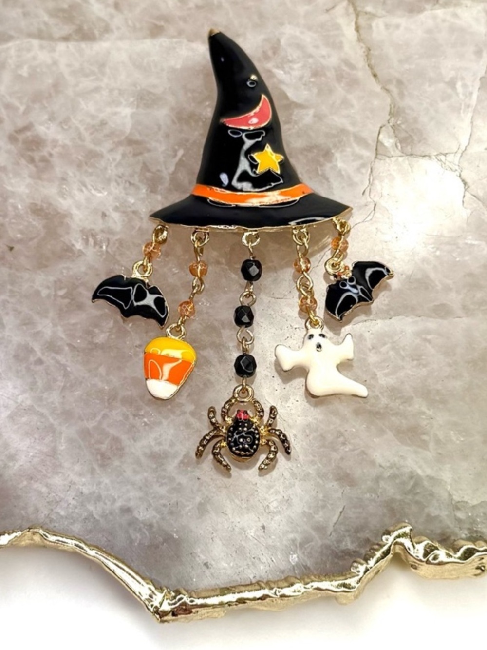 Halloween Witch Hat Bat Ghost Spider Candy Corn Charm Pin Necklace Pendant